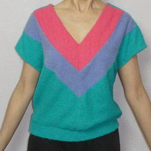 Vintage 1980s Pink Blue and Green Stripe Terrycloth Top